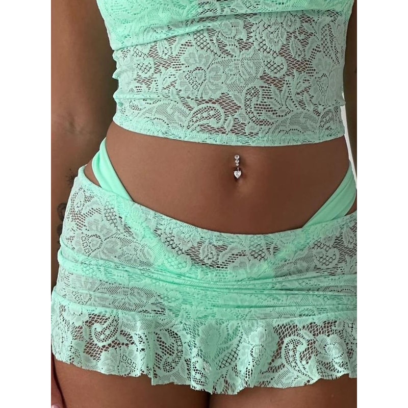 See Through Mini Skirts Low Waist, Women's Bikini Cover-up Skirts Lace, Ruffle Casual Beach Skirts Summer