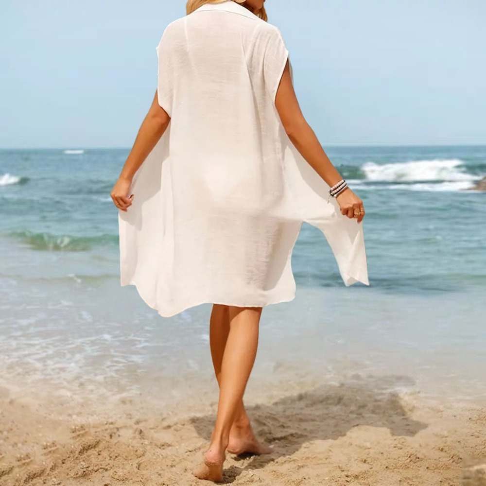 Smock Long Tops, White Long Shirts Bikini Cover-up Women, Summer Lapel Button down Swimwear