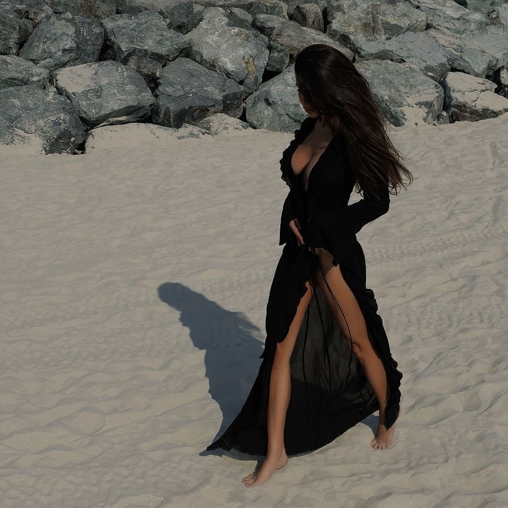 Womens Clothing Beachwear Dress, Black White V Neck, Ruffled Long Sleeve Sunscreen Cover Dress