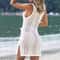 Solid Color V Neck Sleeveless Beach Short Dress, New Style Women Knitting Bikini Cover-Ups Hollow Out Split Sunscr