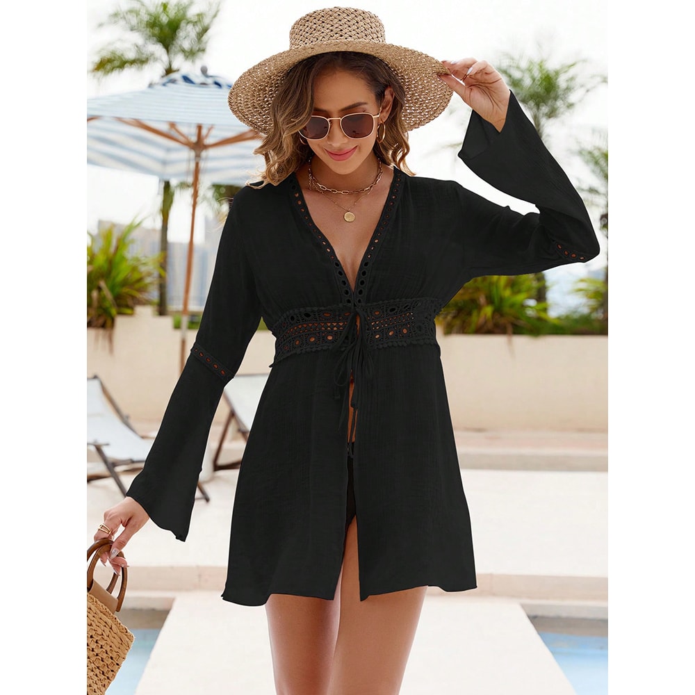 White Beach Cover Up, Long Sleeve V-Neck, Knitted Beachwear, Pareo Sun Protection Clothes, Lace Dress