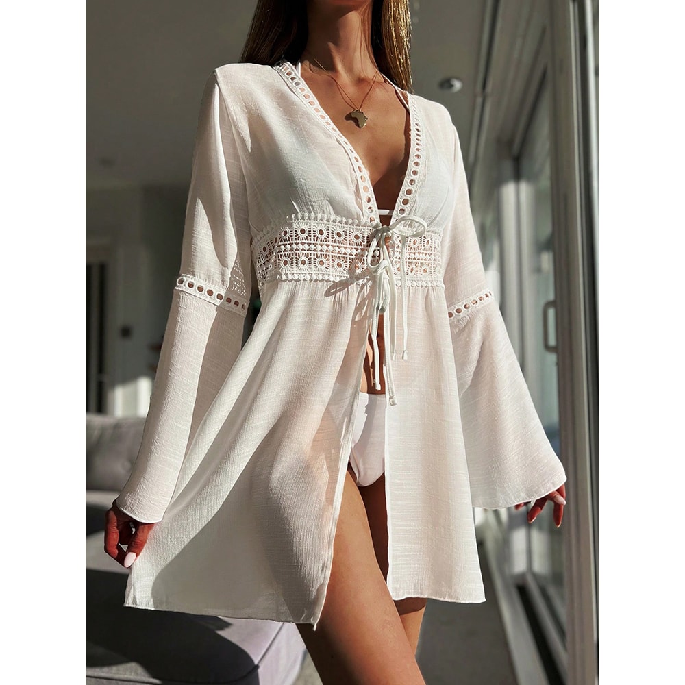 White Beach Cover Up, Long Sleeve V-Neck, Knitted Beachwear, Pareo Sun Protection Clothes, Lace Dress