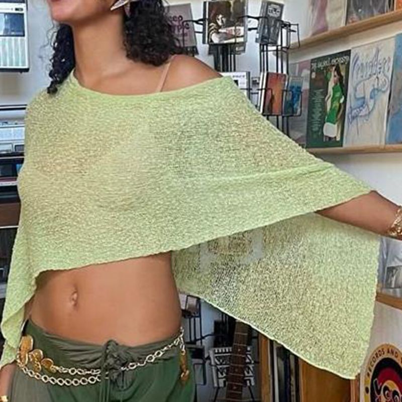 Summer Beach Tops, Women Knitwear Bikini Cover-up, Off Shoulder Irregular Triangle Hem Loose Pullover