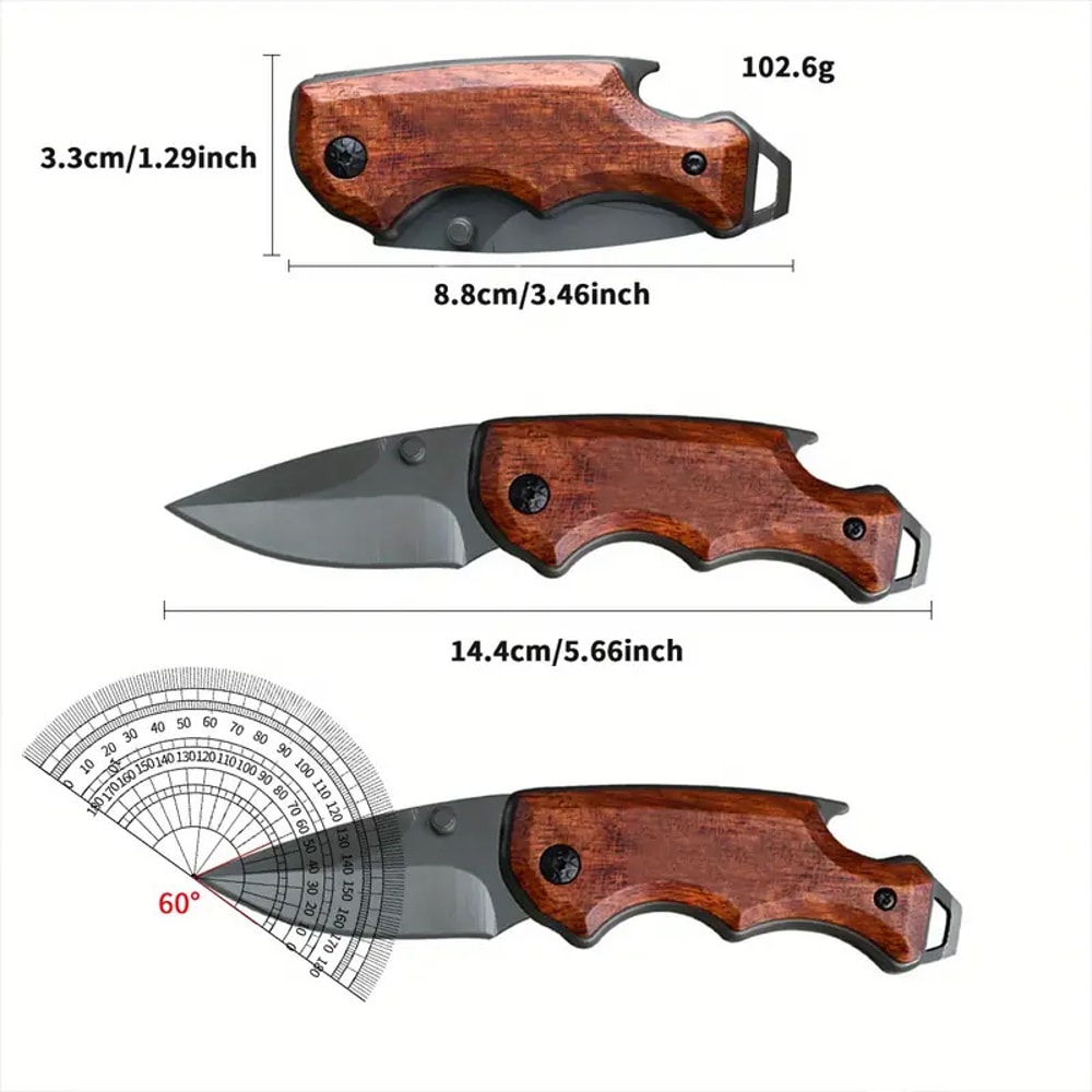 Portable Folding Knife with Solid Wood Handle, Multifunctional Knife for Camping and Outdoor Use