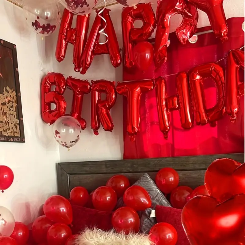 Red Heart-Shaped Aluminum Foil Balloon Set, Birthday Party Decoration with Letter Banner and Rose Petals