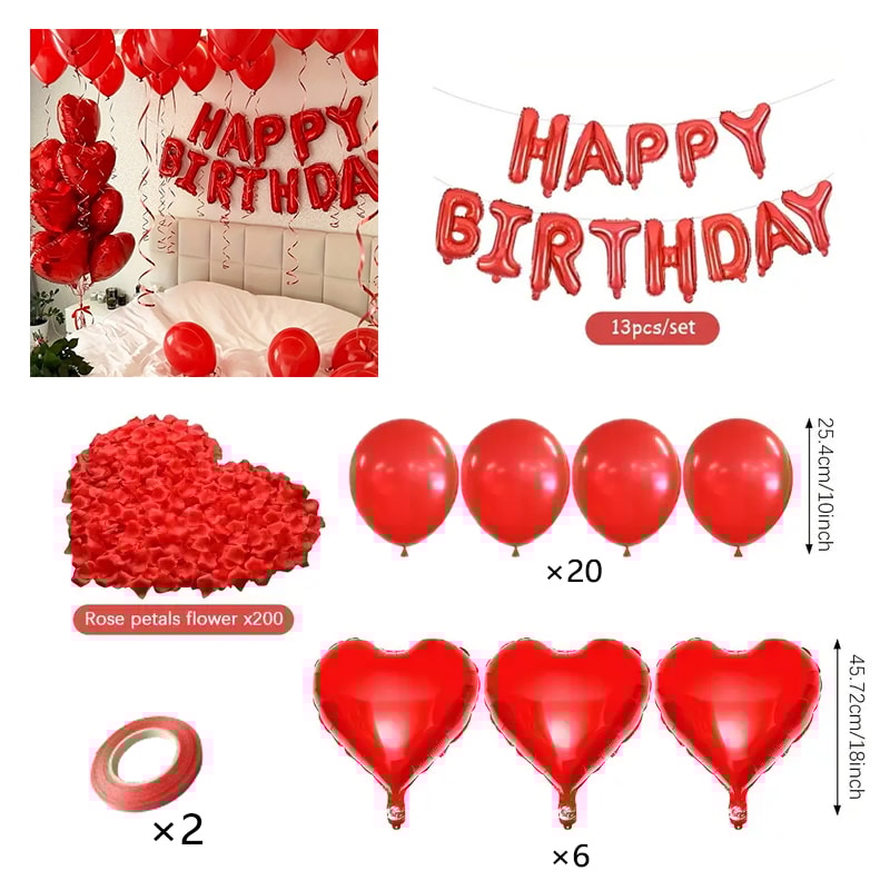 Red Heart-Shaped Aluminum Foil Balloon Set, Birthday Party Decoration with Letter Banner and Rose Petals