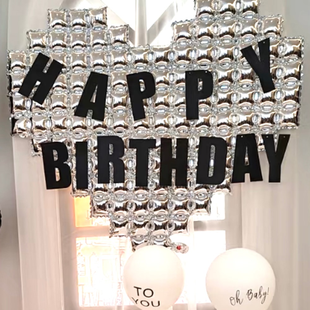 Happy Birthday Decorations Black Glitter Banner Oversized Silver Mosaic Heart Balloons