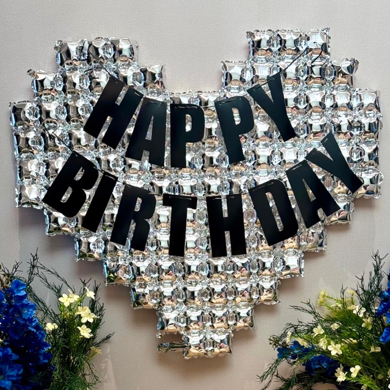 Happy Birthday Decorations Black Glitter Banner Oversized Silver Mosaic Heart Balloons