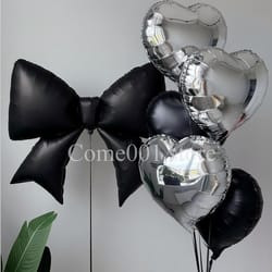 silver black bowknot balloons set, black heart aluminum foil balloons, valentine's day girlfriends party decorations