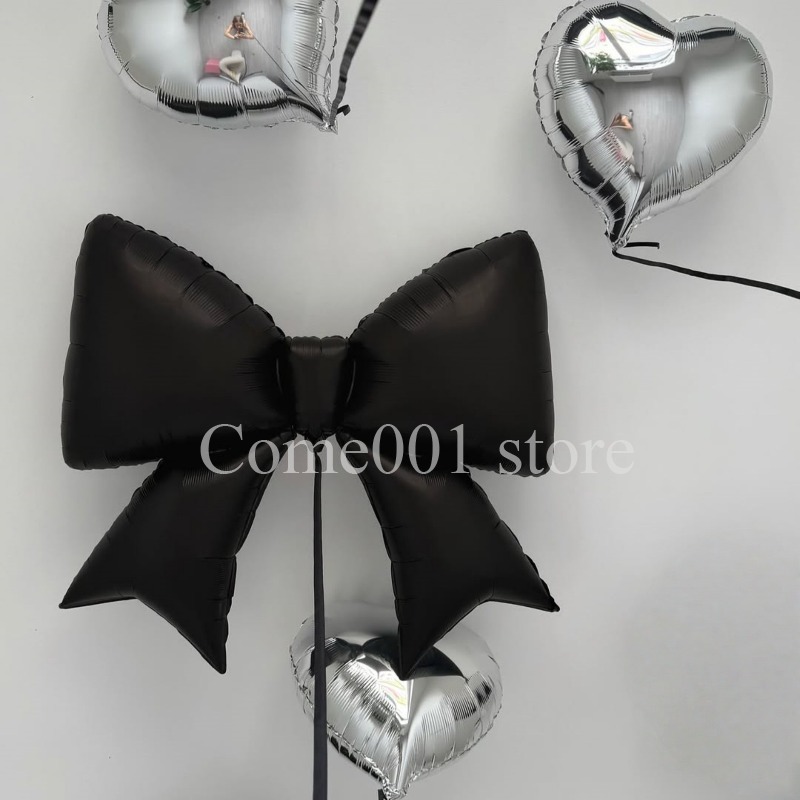 Silver Black Bowknot Balloons Set, Black Heart Aluminum Foil Balloons, Valentine's Day Girlfriends Party Decorations