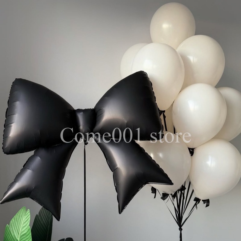 Silver Black Bowknot Balloons Set, Black Heart Aluminum Foil Balloons, Valentine's Day Girlfriends Party Decorations