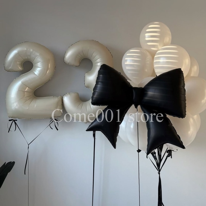 Silver Black Bowknot Balloons Set, Black Heart Aluminum Foil Balloons, Valentine's Day Girlfriends Party Decorations