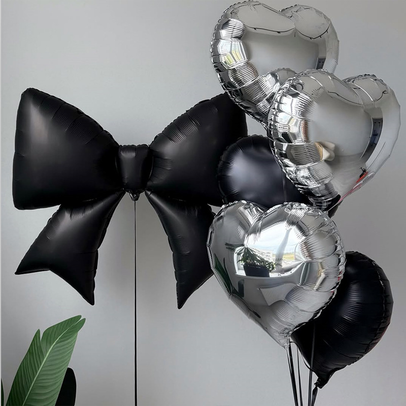Silver Black Bowknot Balloons Set, Black Heart Aluminum Foil Balloons, Valentine's Day Girlfriends Party Decorations