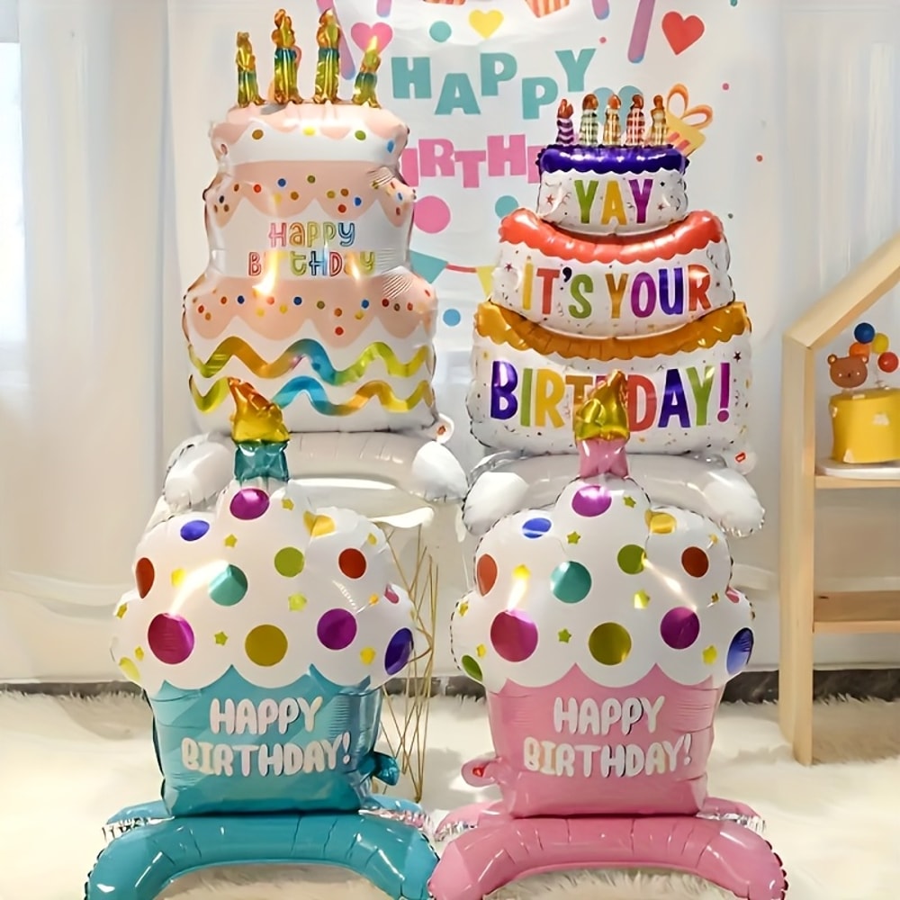 Cute Cake Balloon, Base Standing Foil Balloon, Kids Birthday Party Decor Supplies
