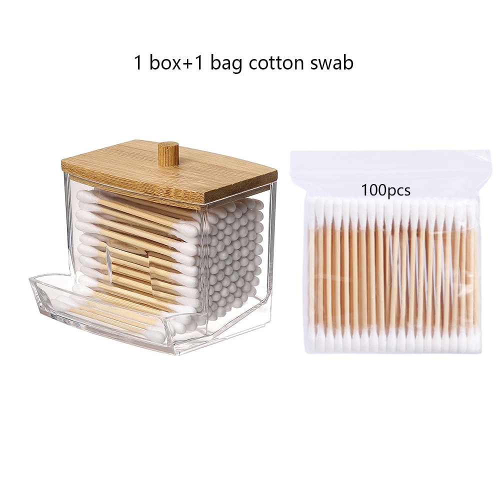 Bamboo Cover Cotton Swab Organizer, Transparent Square Cotton Buds Container