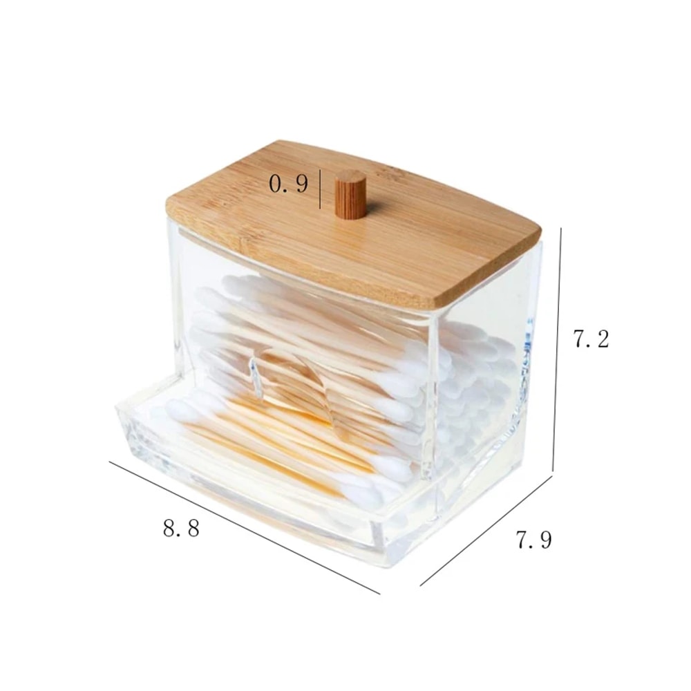 Bamboo Cover Cotton Swab Organizer, Transparent Square Cotton Buds Container