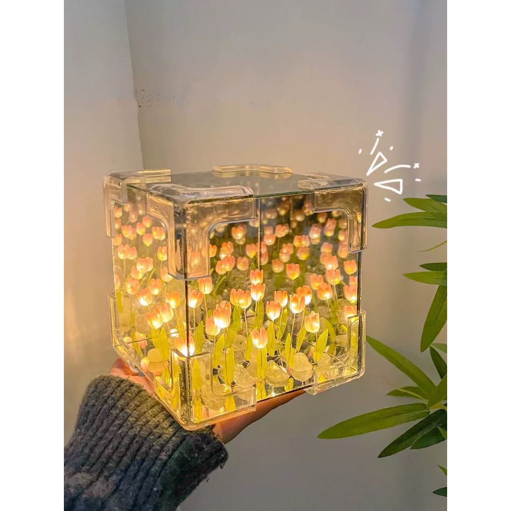 Tulips Handmade Craft Simulation Flower Table Lamp, Mirror Night Light, Perfect for Room Decoration and Birthday Gift