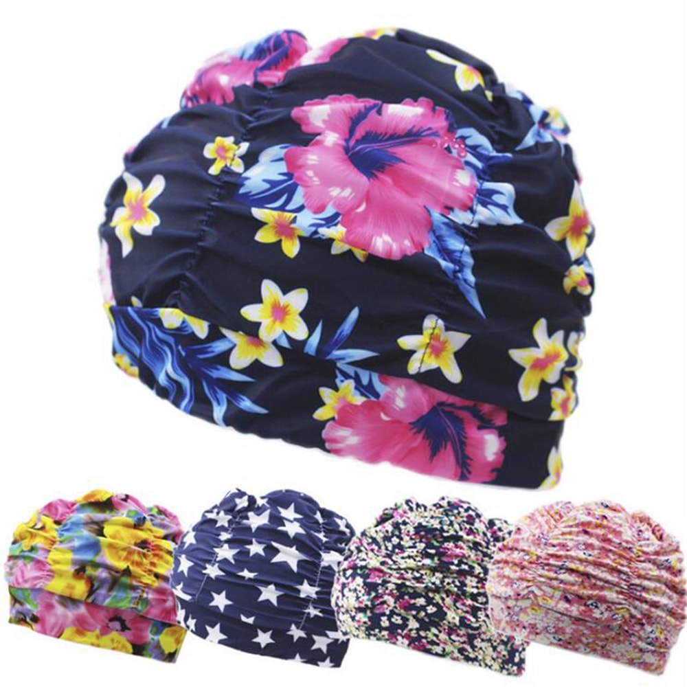 Elastic Nylon Turban Flowers Printed Swimming Cap Long Hair Sports Swim Pool Bathing Hat For Men W 1
