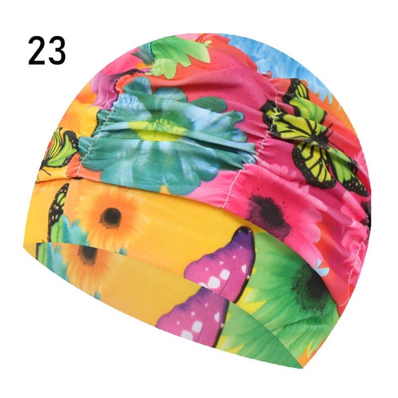 Elastic Nylon Turban, Flowers Printed Swimming Cap, Long Hair Sports Swim Pool Bathing Hat for Men & Women