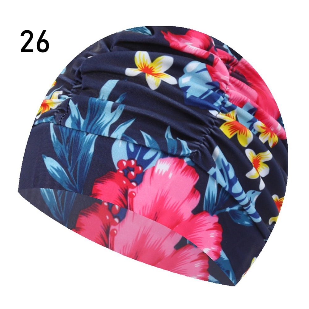 Elastic Nylon Turban, Flowers Printed Swimming Cap, Long Hair Sports Swim Pool Bathing Hat for Men & Women