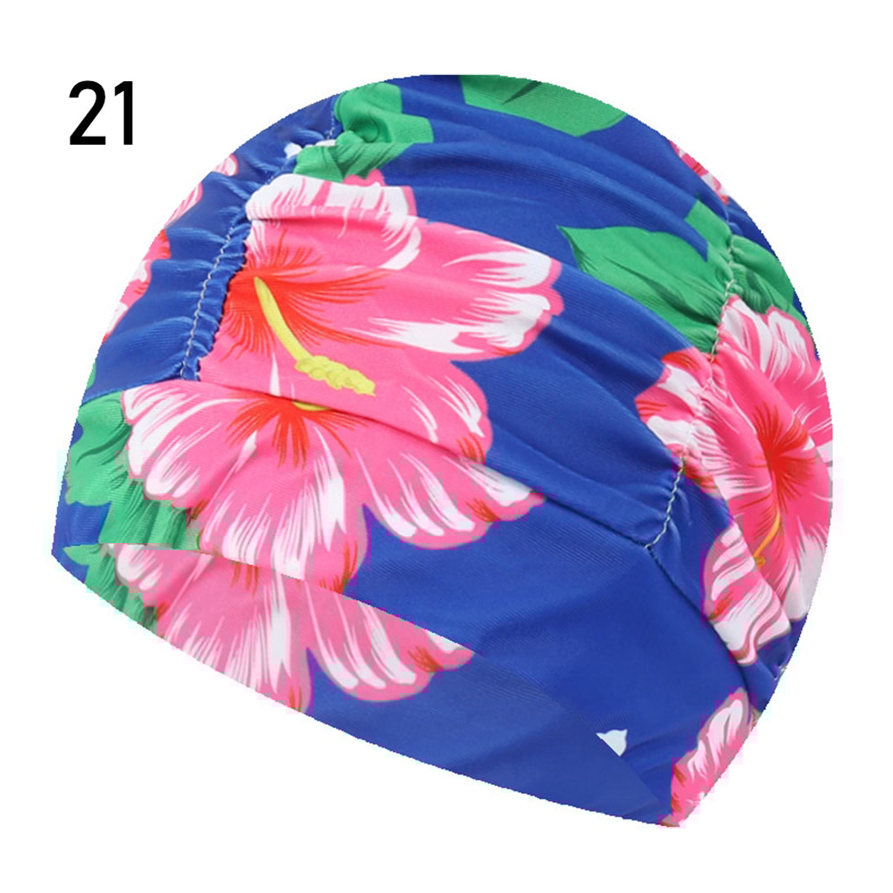 Elastic Nylon Turban, Flowers Printed Swimming Cap, Long Hair Sports Swim Pool Bathing Hat for Men & Women