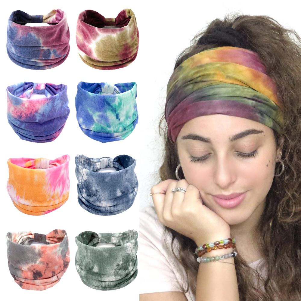 Women Vintage Turban Headwrap, Fashion Tie Dye Wide Knotted Headbands, Elastic Bandanas, Girls Yoga Hair Bands
