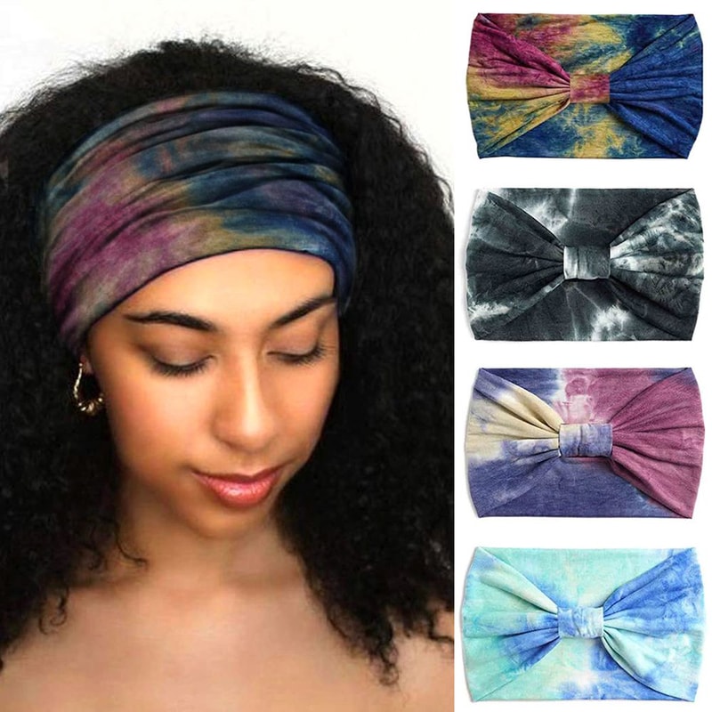 Women Vintage Turban Headwrap, Fashion Tie Dye Wide Knotted Headbands, Elastic Bandanas, Girls Yoga Hair Bands