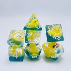 opaque polyhedral dices, multifaceted digital dice ducks, animal table game for tabletop role-playing