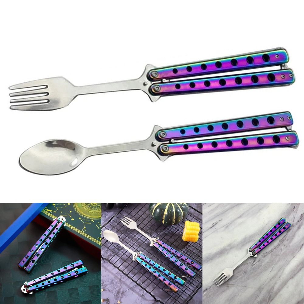 Folding Kitchen Tool Spoon Fork, Stainless Steel Practice Training Tool for Outdoor Balisong, Tableware