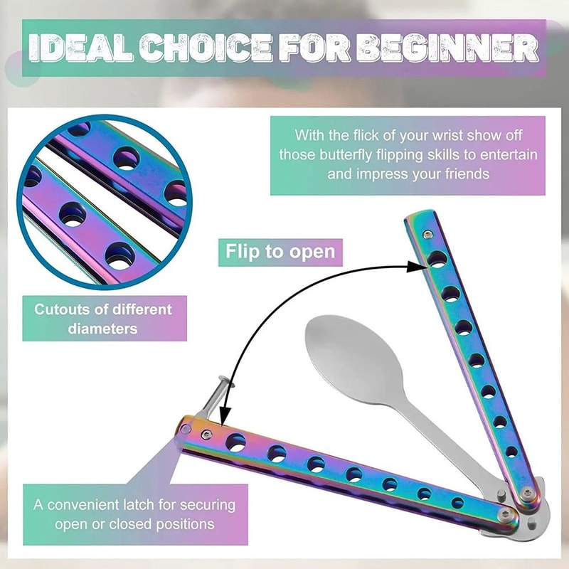 Folding Kitchen Tool Spoon Fork, Stainless Steel Practice Training Tool for Outdoor Balisong, Tableware
