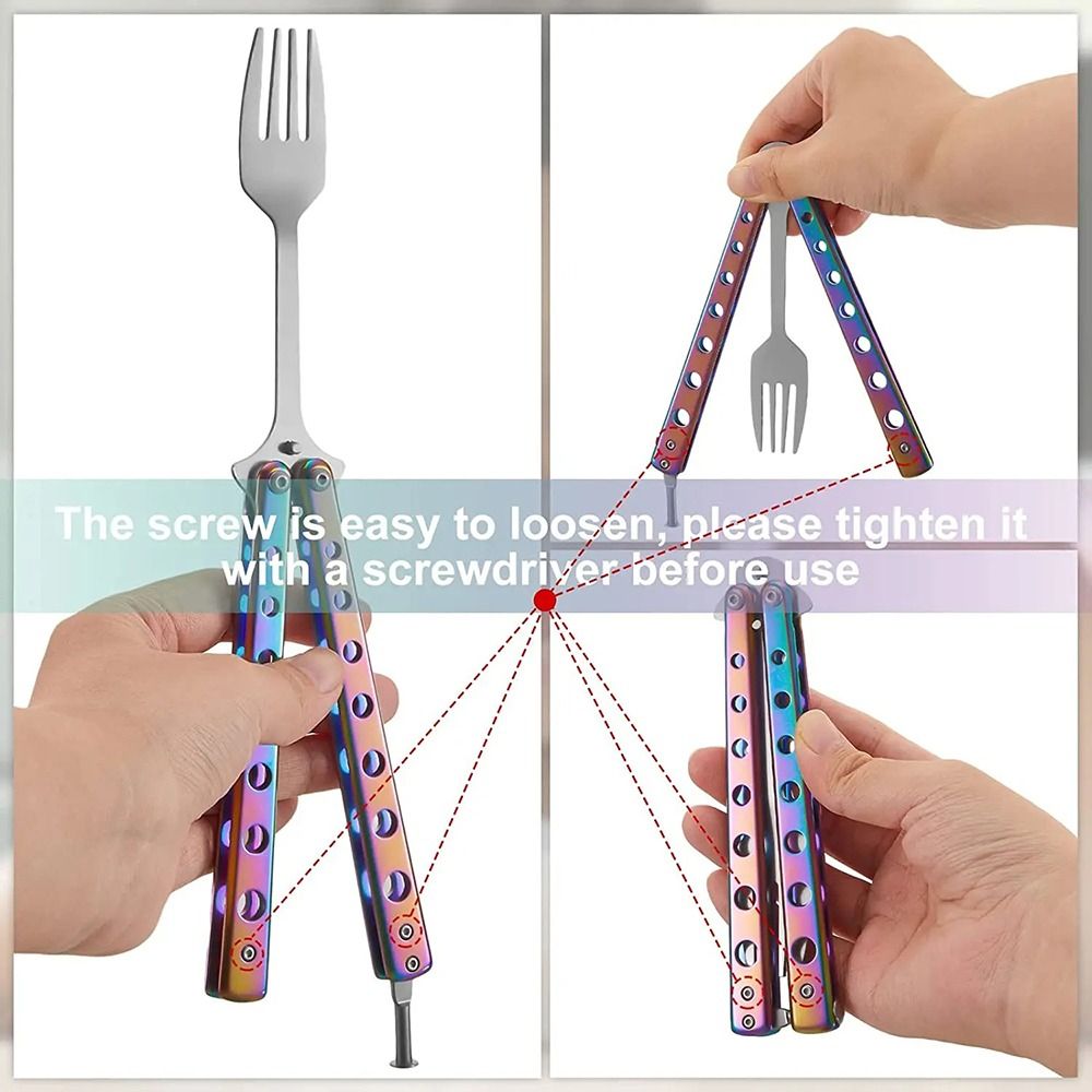 Folding Kitchen Tool Spoon Fork, Stainless Steel Practice Training Tool for Outdoor Balisong, Tableware