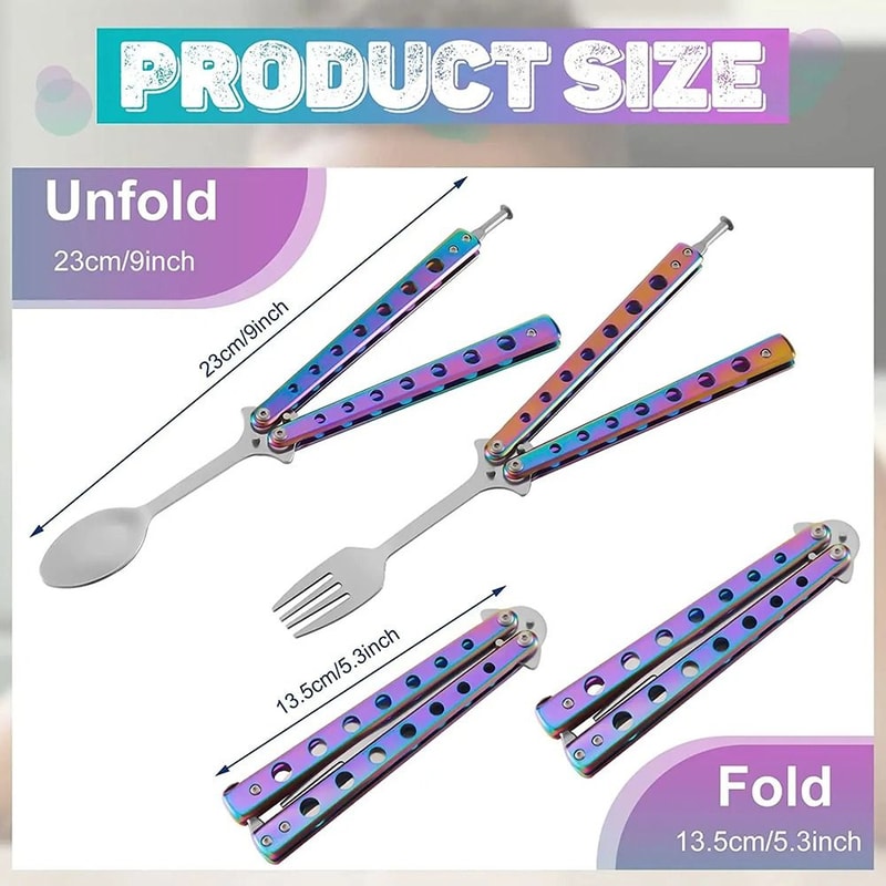 Folding Kitchen Tool Spoon Fork, Stainless Steel Practice Training Tool for Outdoor Balisong, Tableware
