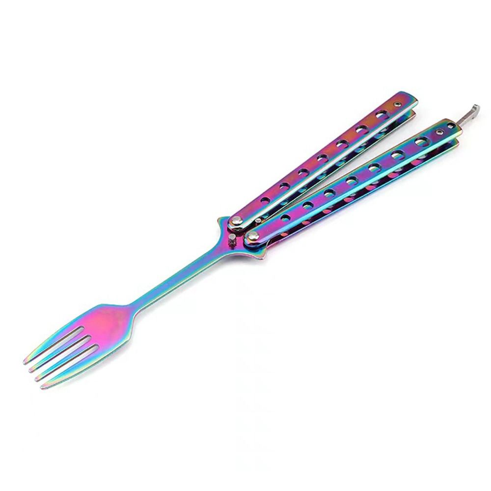 Folding Kitchen Tool Spoon Fork, Stainless Steel Practice Training Tool for Outdoor Balisong, Tableware