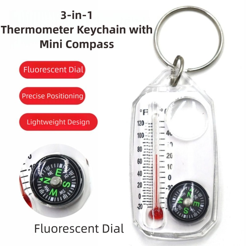 Mini Compass Keychain with Fluorescent Compact Thermometers, Durable Mountaineering Tool for Outdoor Expeditions