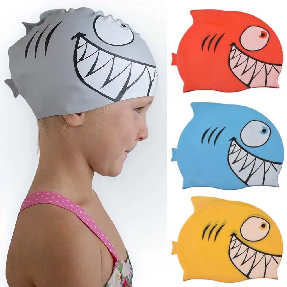 Waterproof Silicone Swimming Cap, Durable, Protect Ears, Unisex, Cartoon Shark Pool Cap for Children