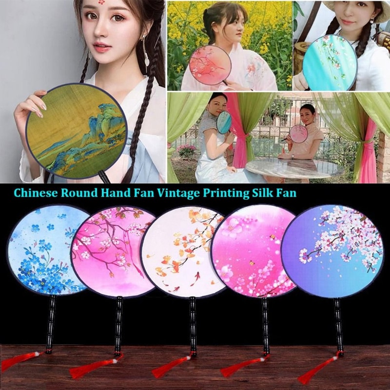 Vintage Printing Silk Hand Fan, Round Cheongsam Tang Suit, Ancient Tassel Dance Fan, Multistyles Diameter