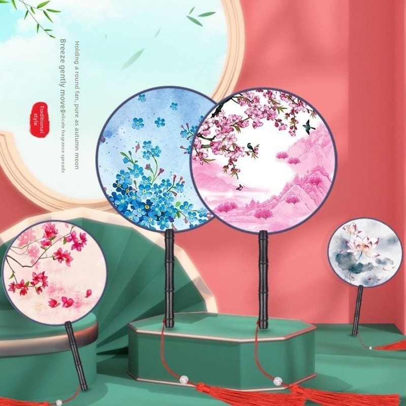Vintage Printing Silk Hand Fan, Round Cheongsam Tang Suit, Ancient Tassel Dance Fan, Multistyles Diameter