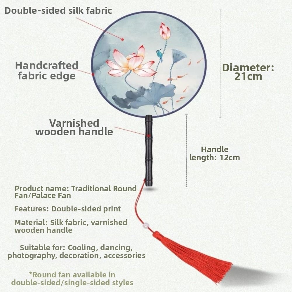 Vintage Printing Silk Hand Fan, Round Cheongsam Tang Suit, Ancient Tassel Dance Fan, Multistyles Diameter