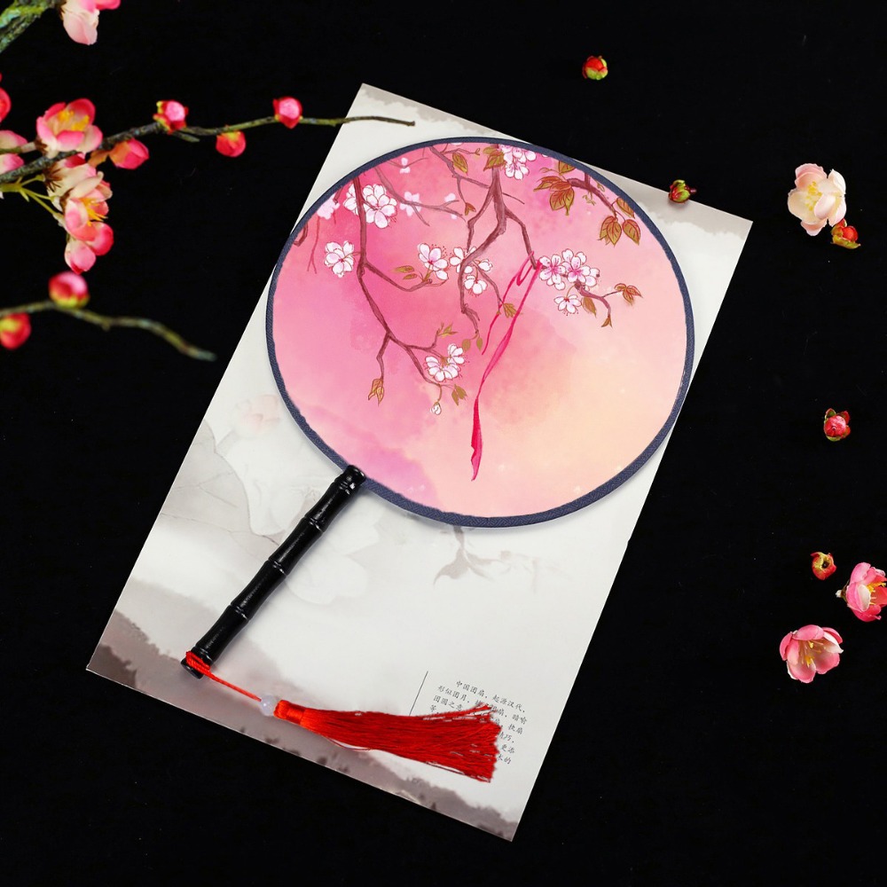 Vintage Printing Silk Hand Fan, Round Cheongsam Tang Suit, Ancient Tassel Dance Fan, Multistyles Diameter