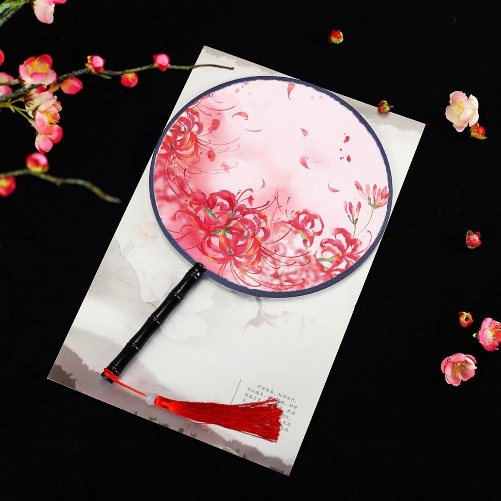 Vintage Printing Silk Hand Fan, Round Cheongsam Tang Suit, Ancient Tassel Dance Fan, Multistyles Diameter