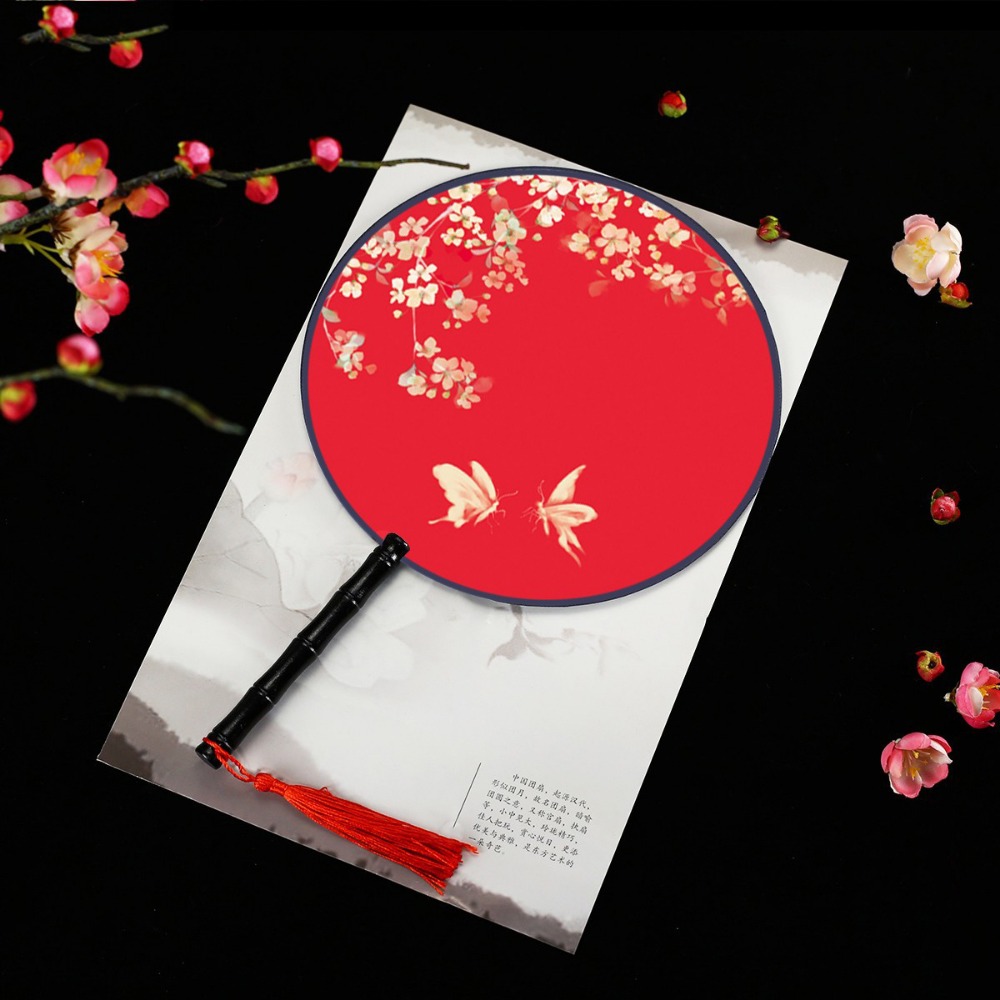 Vintage Printing Silk Hand Fan, Round Cheongsam Tang Suit, Ancient Tassel Dance Fan, Multistyles Diameter