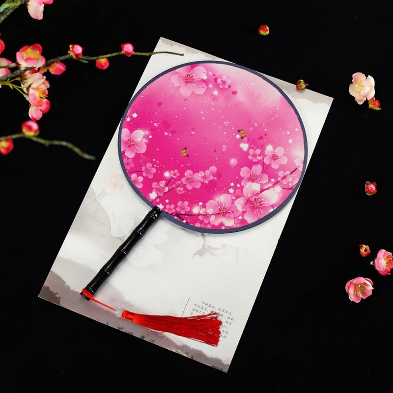 Vintage Printing Silk Hand Fan, Round Cheongsam Tang Suit, Ancient Tassel Dance Fan, Multistyles Diameter