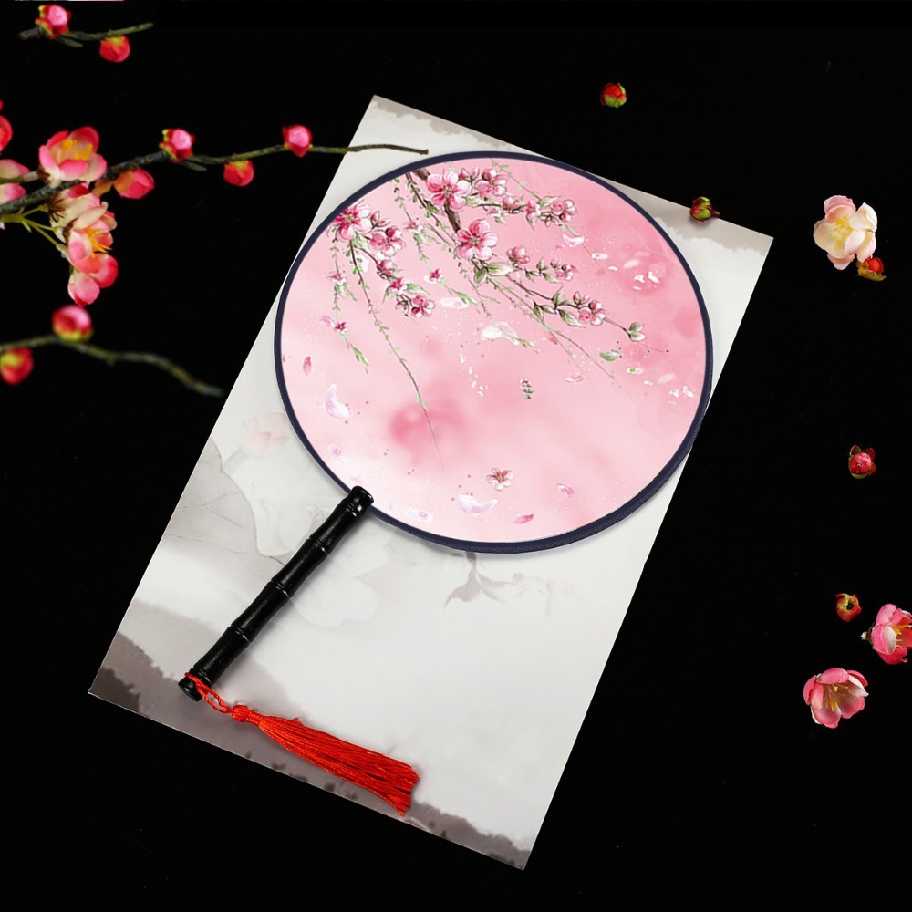 Vintage Printing Silk Hand Fan, Round Cheongsam Tang Suit, Ancient Tassel Dance Fan, Multistyles Diameter