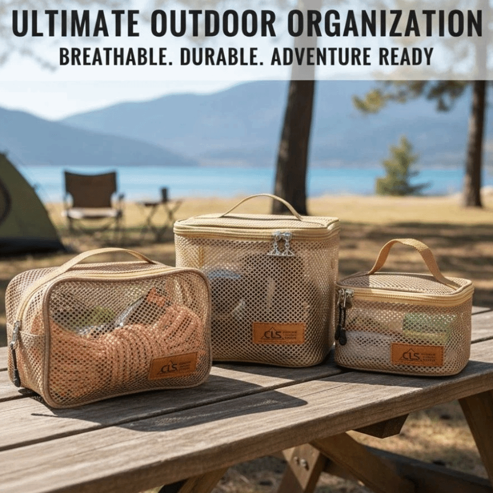 Large Capacity Barbecue Tableware Storage Bag, Grid Outdoor Cookware Bag, Breathable and Thickened with Handle