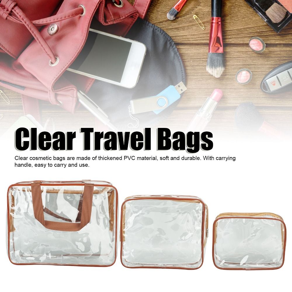 Transparent Clear Travel Bags with Zipper Closure, Handle Straps, Cosmetic and Makeup Bags for Travel Use
