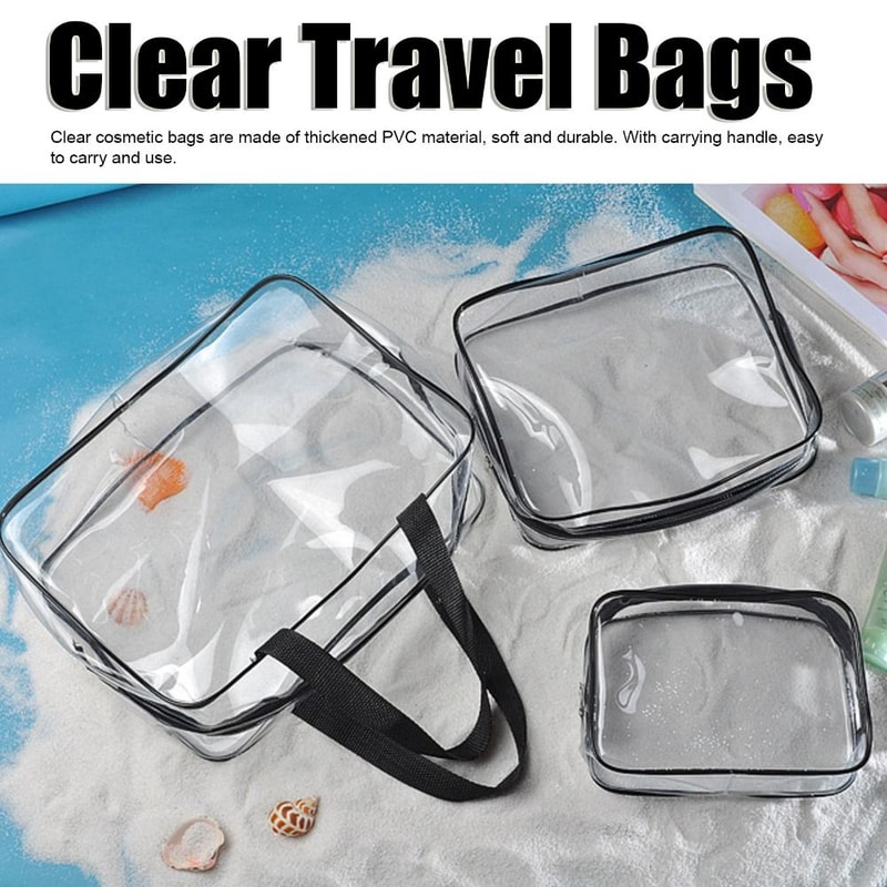 Transparent Clear Travel Bags with Zipper Closure, Handle Straps, Cosmetic and Makeup Bags for Travel Use