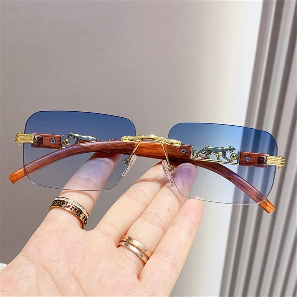 Unique Cool Rectangle Sunglasses, Metal Temples Rimless Cut Edge Sun Glasses for Women & Men