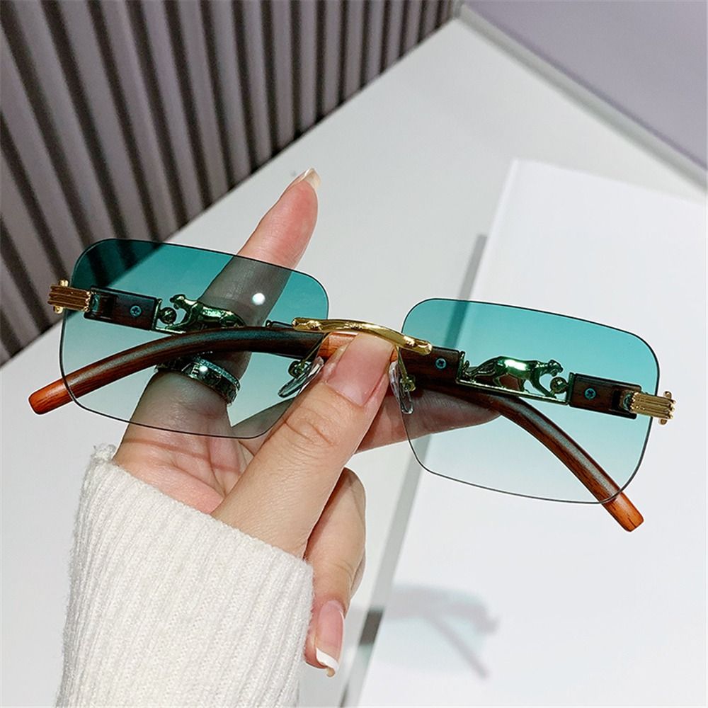 Unique Cool Rectangle Sunglasses, Metal Temples Rimless Cut Edge Sun Glasses for Women & Men