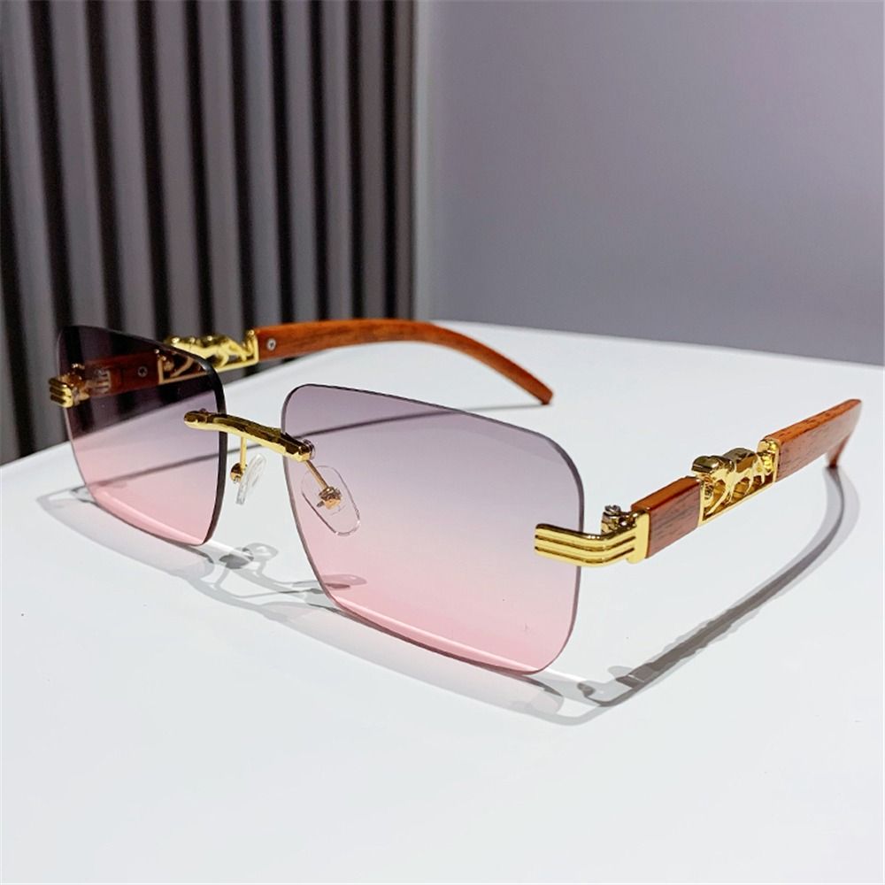Unique Cool Rectangle Sunglasses, Metal Temples Rimless Cut Edge Sun Glasses for Women & Men
