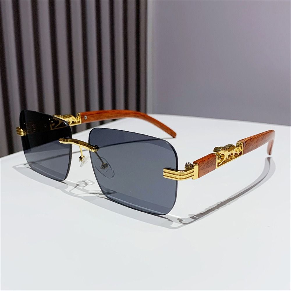Unique Cool Rectangle Sunglasses, Metal Temples Rimless Cut Edge Sun Glasses for Women & Men